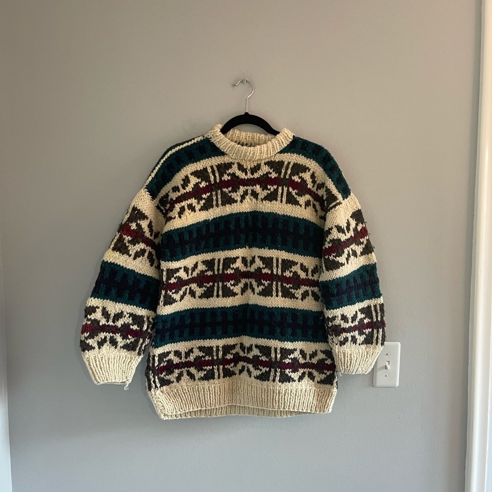 Vintage men's hand knit multicoloured chunky pure wool Nordic Scandi fair one sz